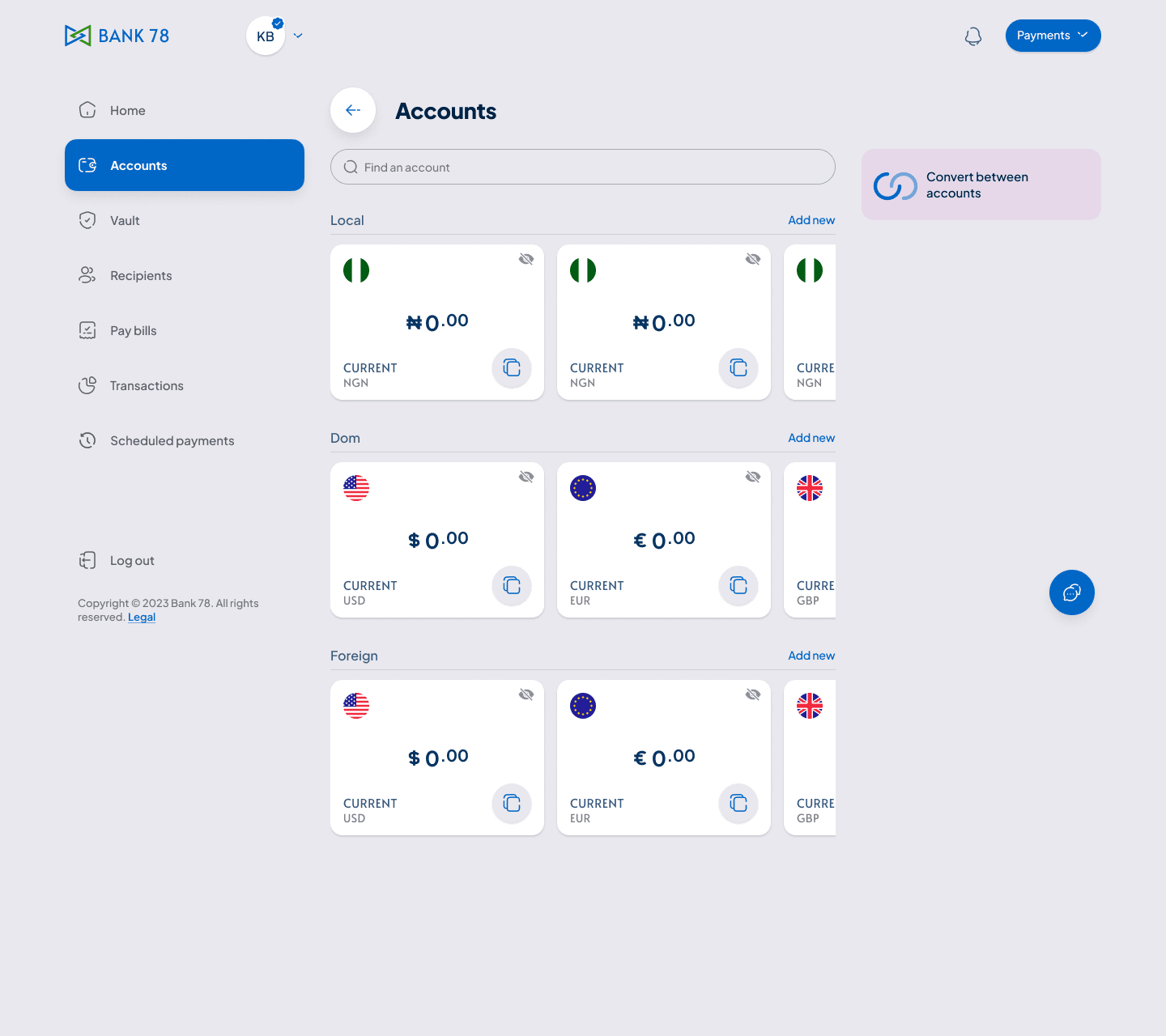 Bank78 v1 accounts on the web: rows of $0.00 cards grouped as Local, Dom and Foreign