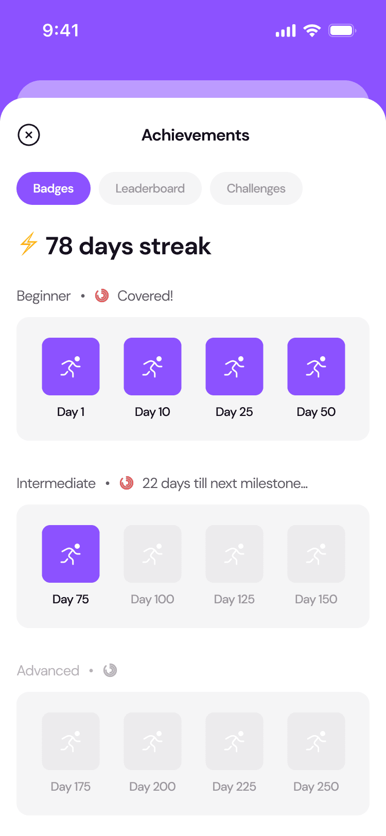 Achievements: a 78-day streak and badges from day 1 to day 250 in beginner, intermediate and advanced tiers