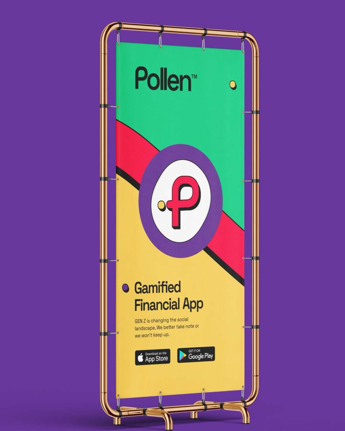 Pull-up banner: Pollen wordmark, the mark on green, red and yellow bands, and “Gamified Financial App”