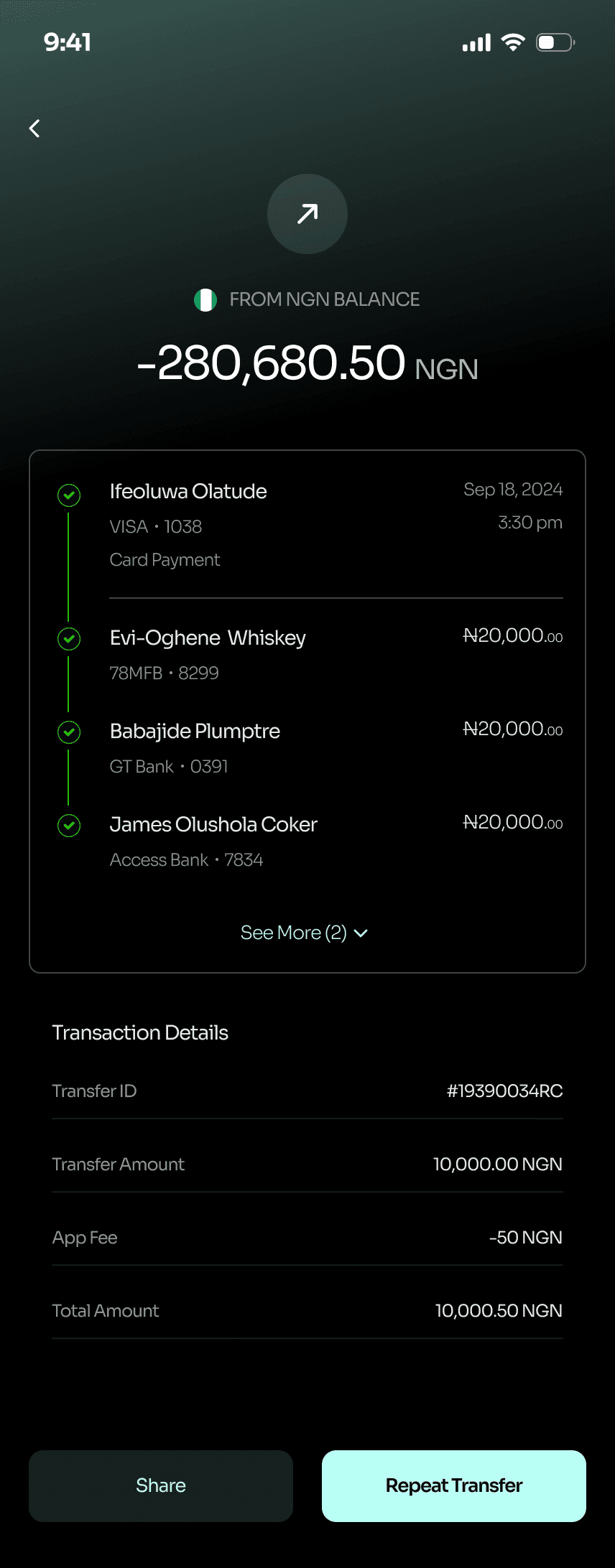 Bulk transfer detail: one debit of −280,680.50 NGN paid to several recipients