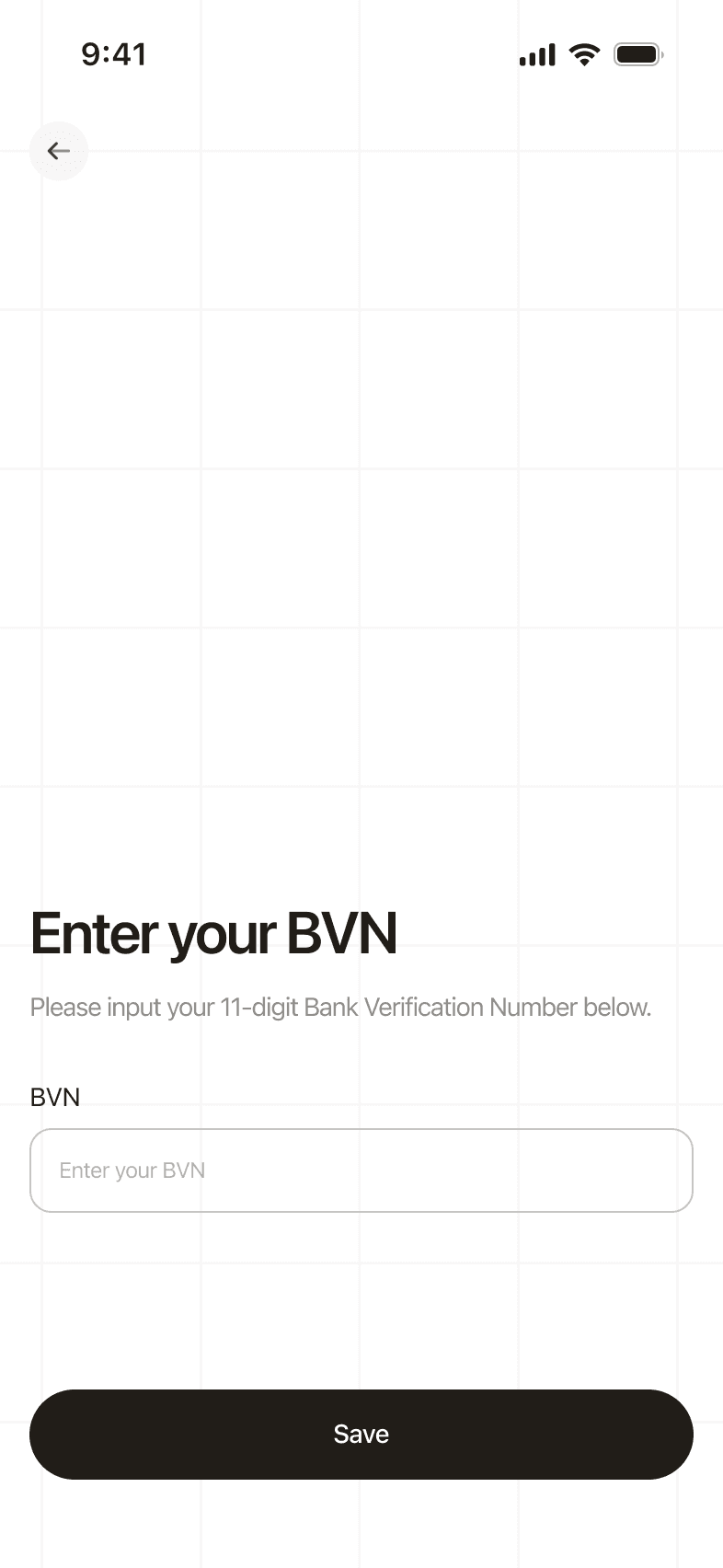 Enter your BVN: the 11-digit Bank Verification Number, one field and Save