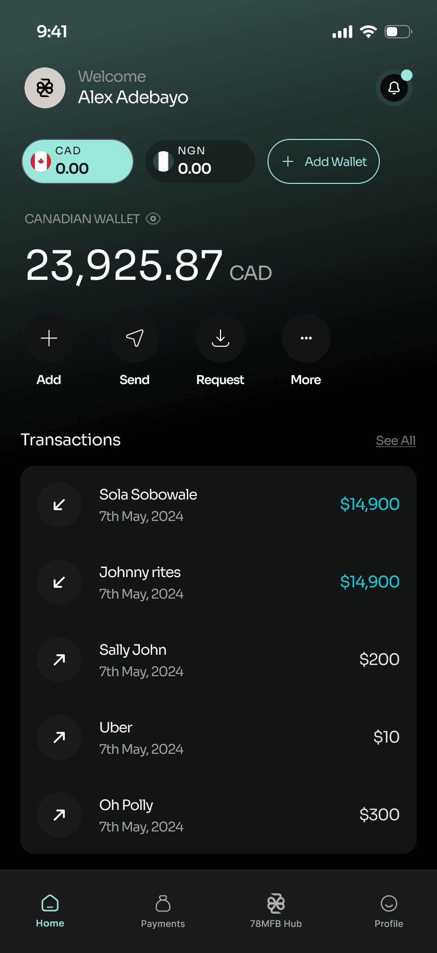 Canadian wallet: 23,925.87 CAD with Add, Send, Request and transactions