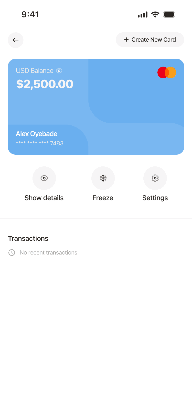 Card dashboard: a virtual card with a $2,500.00 USD balance, Show details, Freeze and Settings