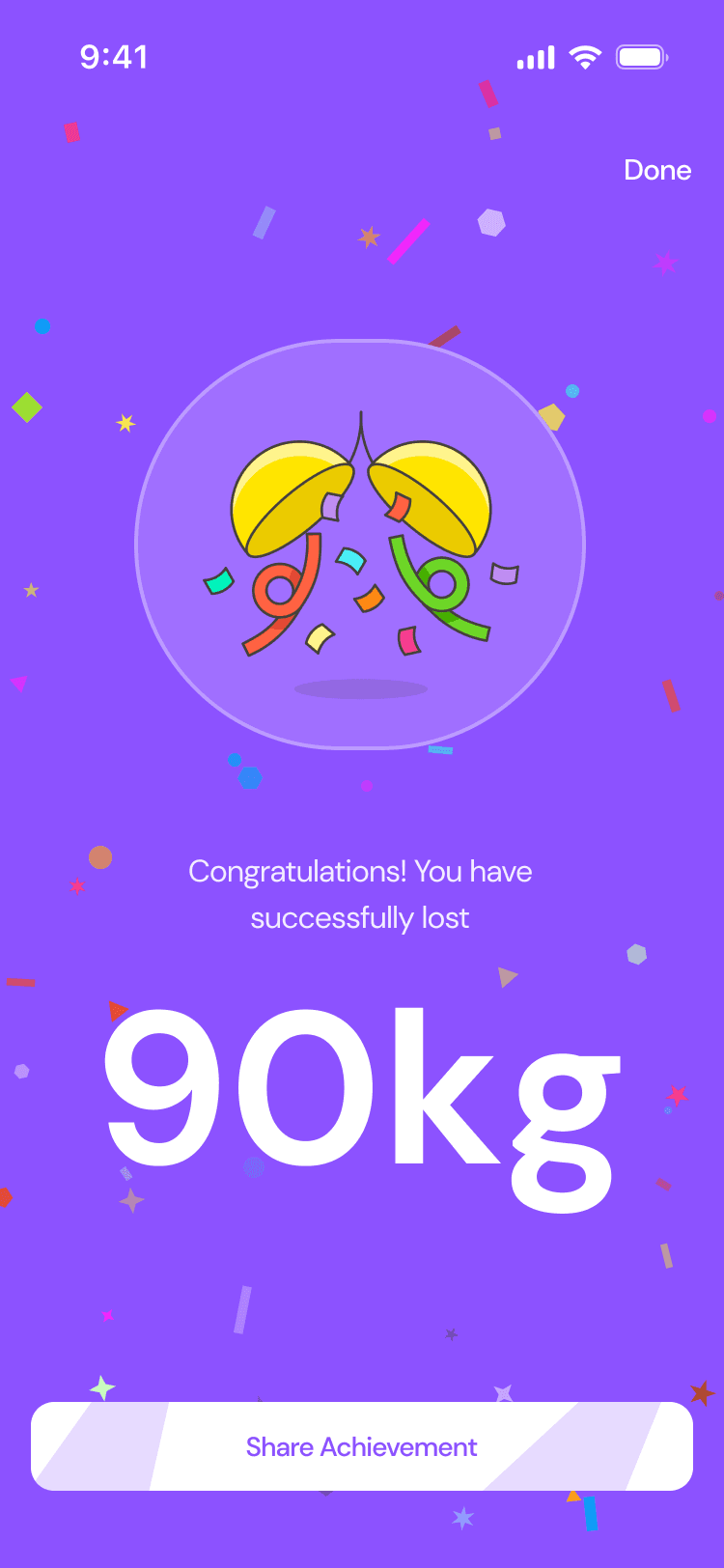 Congratulations! You have successfully lost 90kg, with confetti and Share Achievement