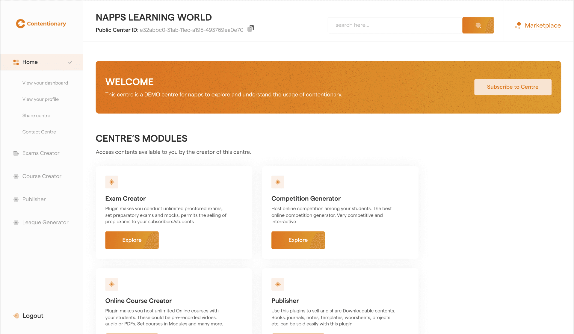 Centre dashboard for NAPPS Learning World: welcome banner and the centre’s modules: Exam Creator, Competition Generator, Online Course Creator, Publisher