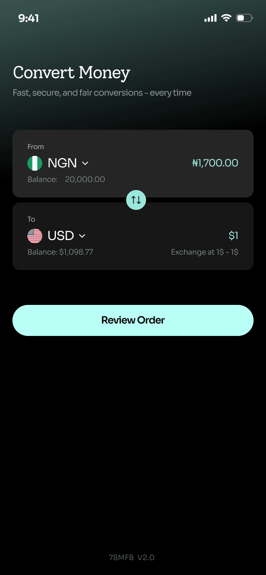Convert Money: NGN to USD with the exchange rate and Review Order