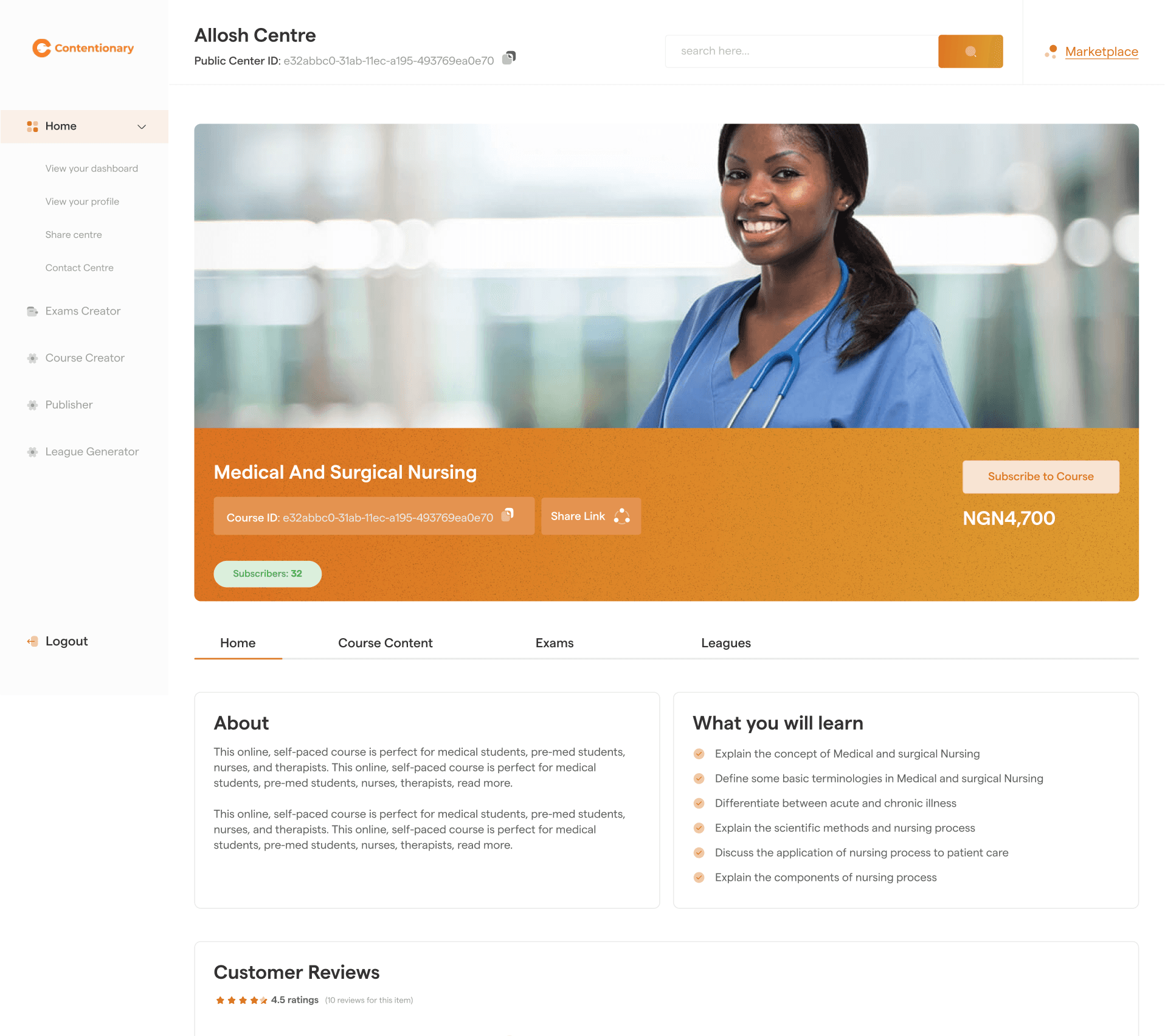 Course page: Medical and Surgical Nursing, with About, What you will learn, and Customer Reviews