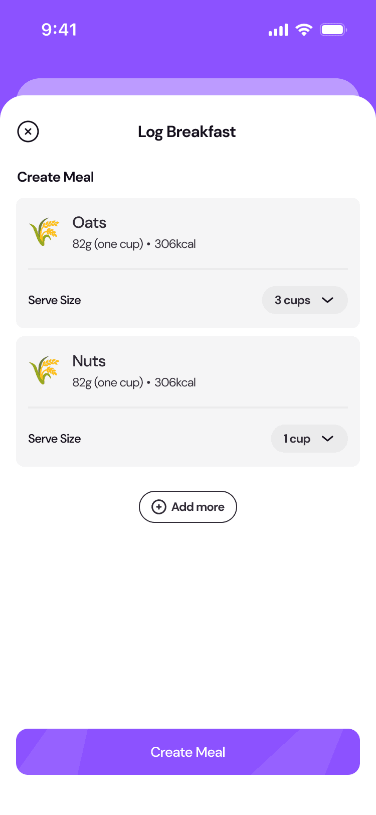 Create Meal: oats (3 cups) and nuts (1 cup) with serve sizes and Add more