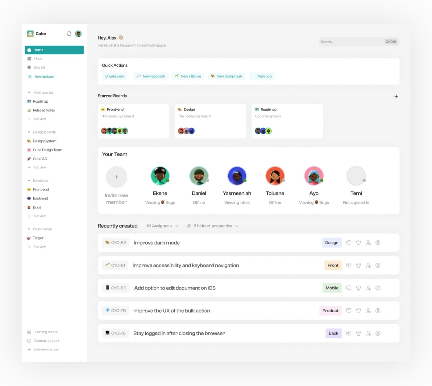Cube Product Team Management Dashboard