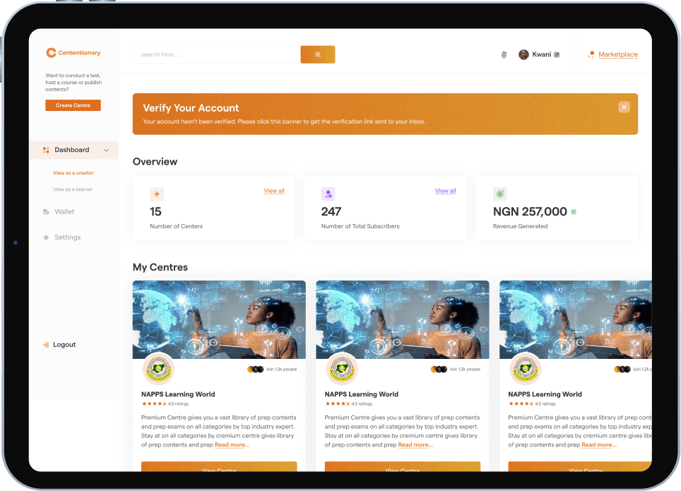 Creator dashboard on a tablet: verify-account banner, overview of centres, subscribers and revenue, and My Centres
