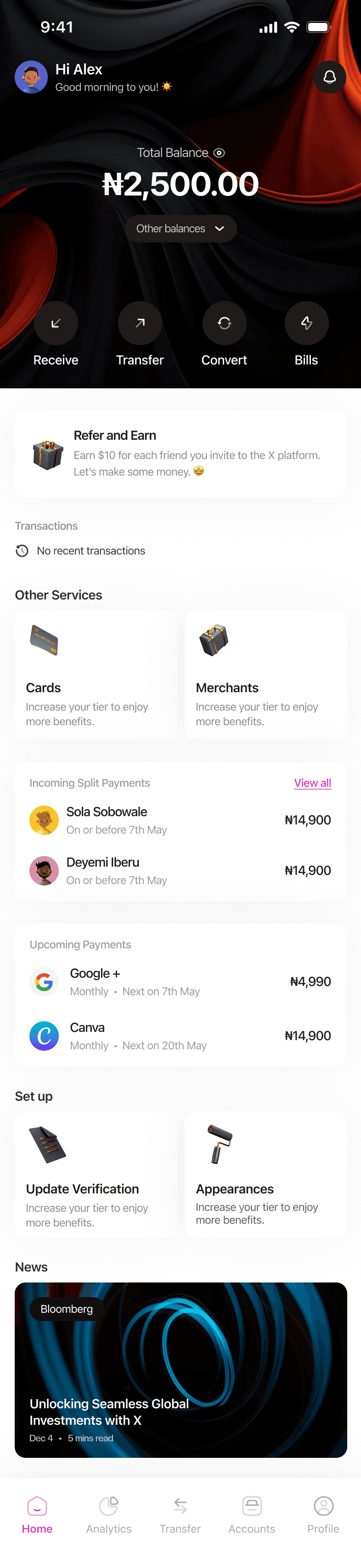 Home: “Hi Alex”, total balance ₦2,500.00 over a dark hero with a red swirl, Other balances, Receive, Transfer, Convert and Bills, then Refer and Earn, incoming split payments, upcoming payments, set-up cards and news