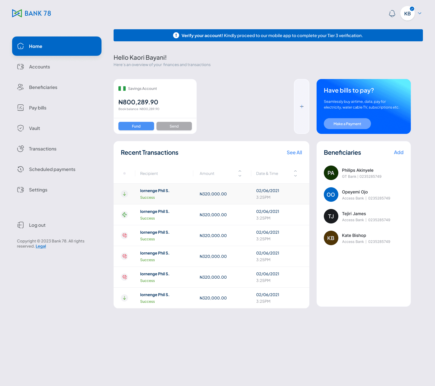 Bank78 v1 home on the web: a blue BANK 78 wordmark, sidebar navigation, a savings balance card, a bills promo, recent transactions in a table and beneficiaries