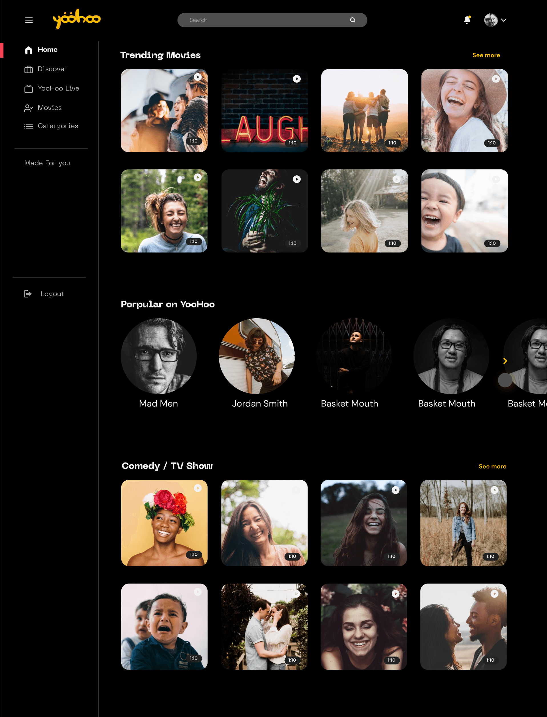 Web app home: sidebar with Home, Discover, YooHoo Live, Movies and Categories; rows for Trending Movies, Popular on YooHoo and Comedy / TV Show