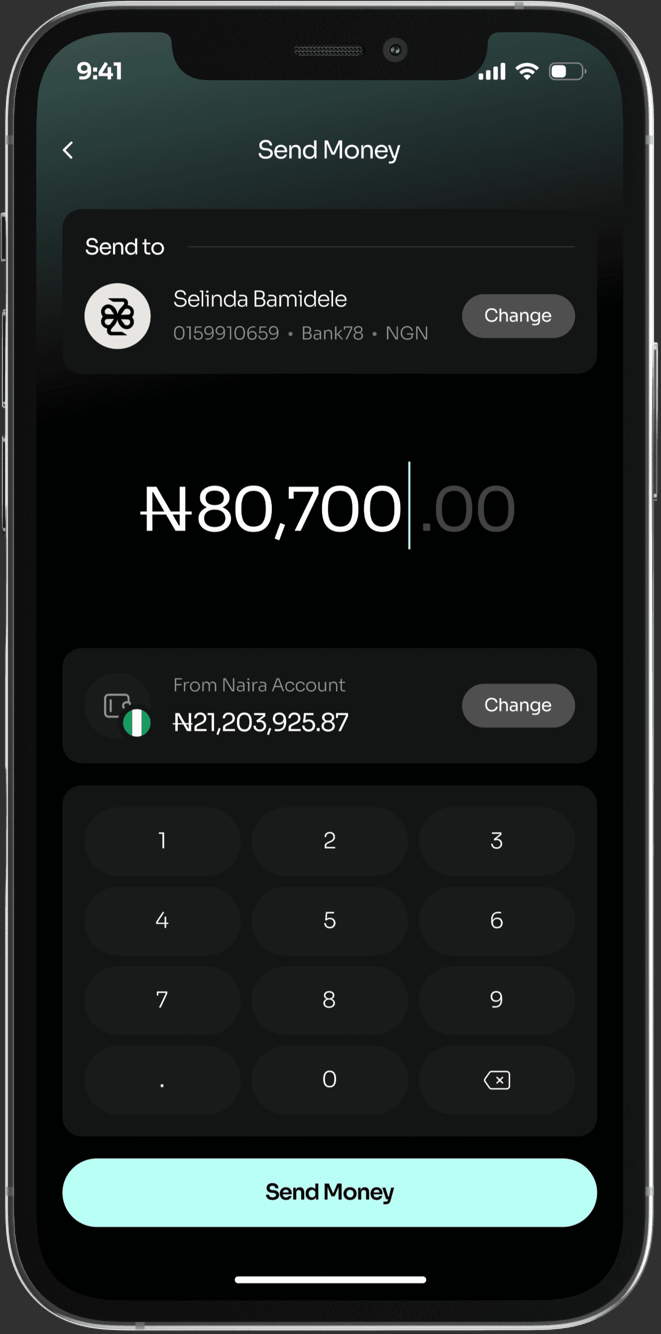 The redesigned Send Money screen on a phone held in hand: ₦80,700 to Selinda Bamidele from a Naira account