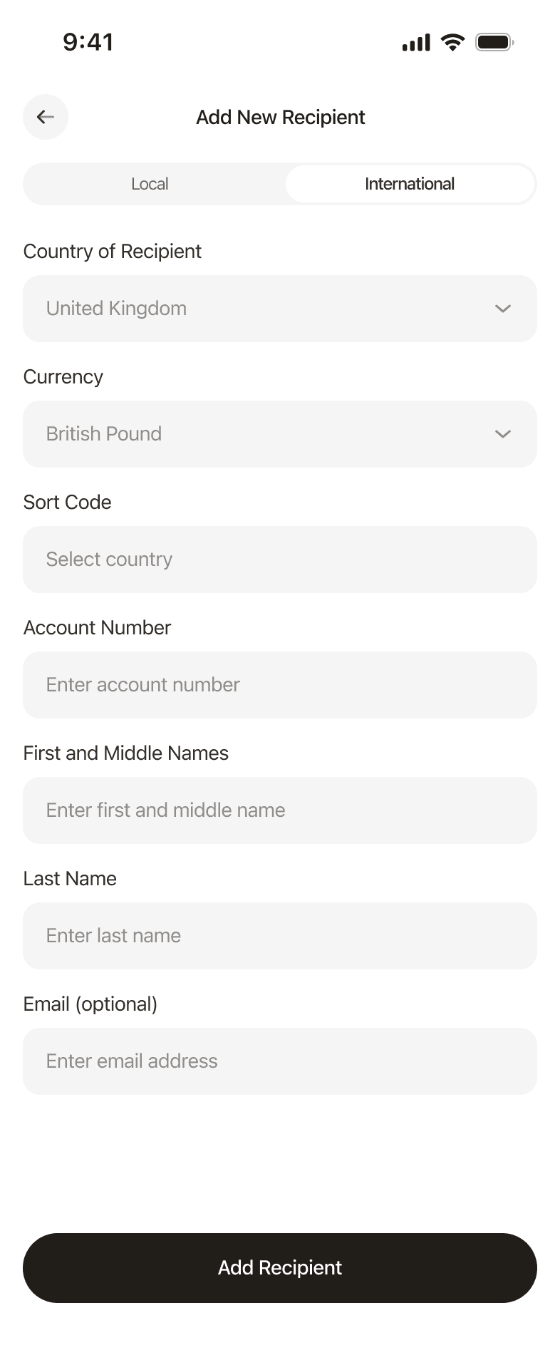 Add an international recipient: country, currency (British Pound), sort code, account number and name
