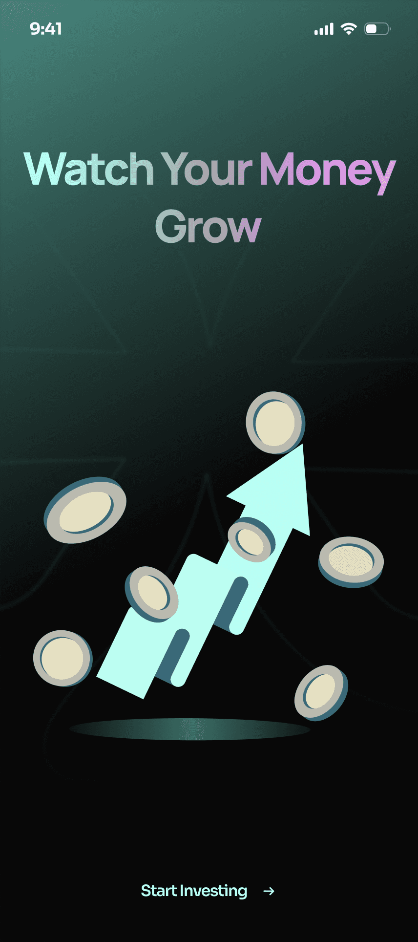 Invest: Watch Your Money Grow, with coins and a rising arrow
