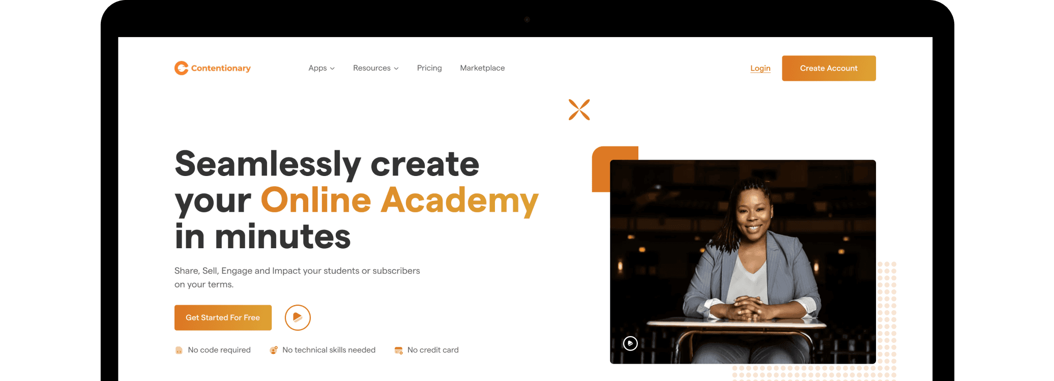 Contentionary landing page on a laptop: “Seamlessly create your Online Academy in minutes”, with a photo of an educator