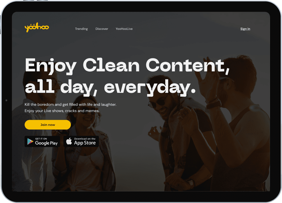 The landing page on a tablet: “Enjoy Clean Content. All day, everyday.” over a photo of friends, with Join now and app store badges