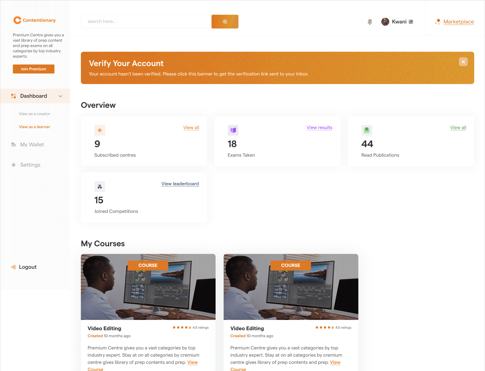 Learners dashboard: subscribed centres, exams taken, publications read and competitions joined, then My Courses