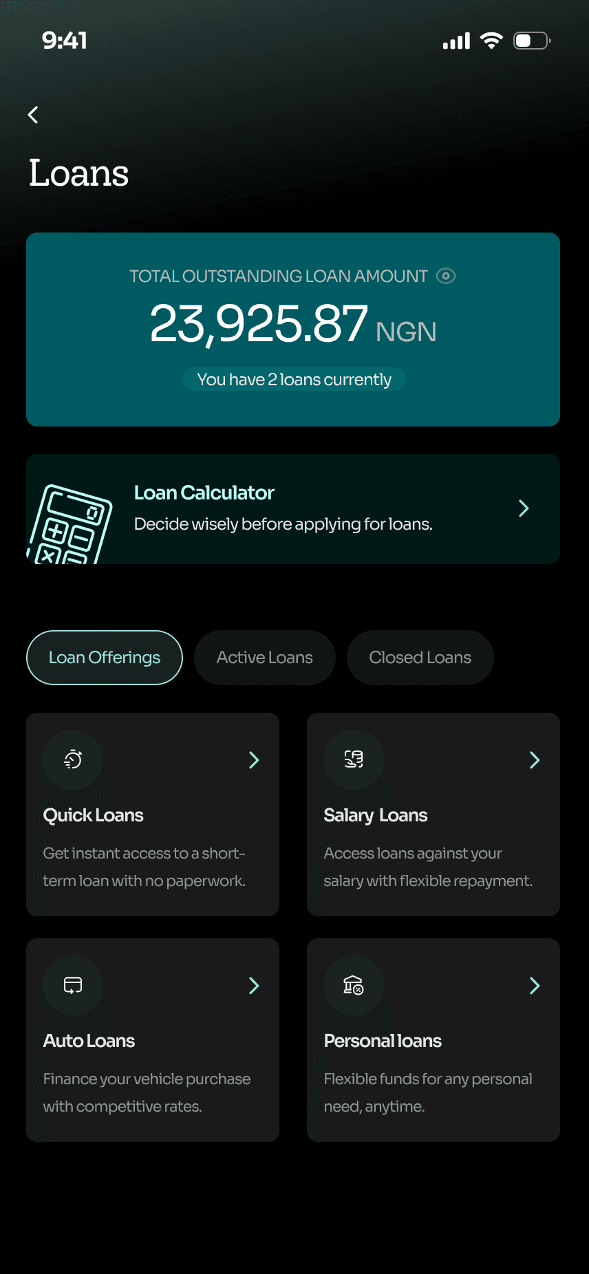 Loans: total outstanding amount, a loan calculator and offerings (quick, salary, auto, personal)