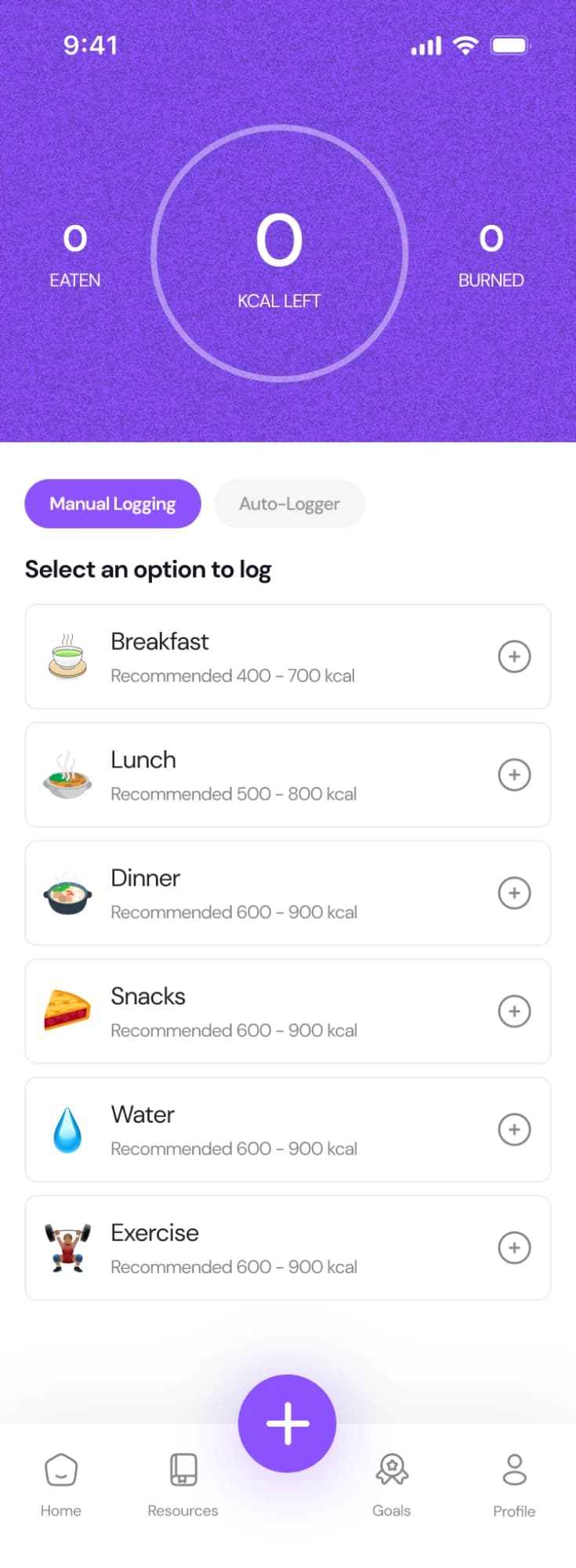Today: eaten, kcal left and burned, then Manual Logging or Auto-Logger with breakfast, lunch, dinner, snacks, water and exercise