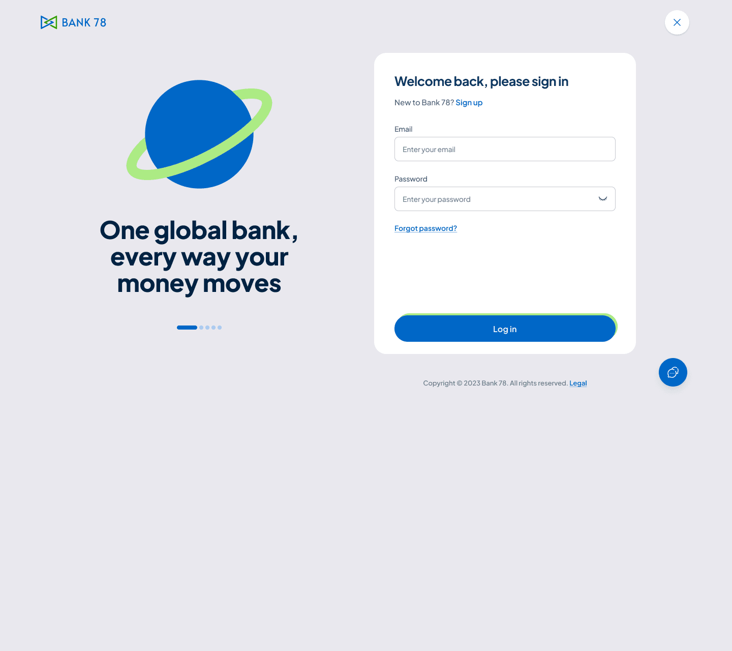 Bank78 v1 sign-in: a blue planet illustration and “One global bank, every way your money moves”