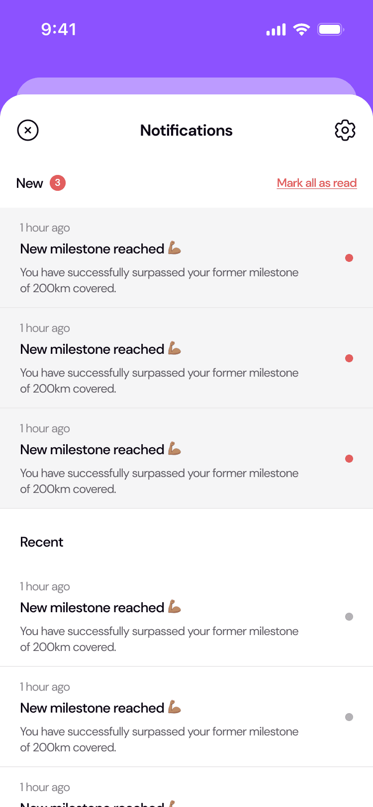 Notifications: new milestones reached, with Mark all as read