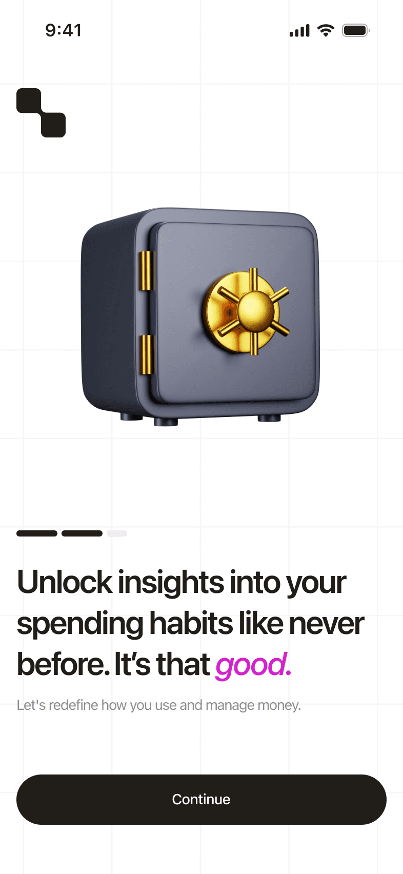 Onboarding: a 3D safe and “Unlock insights into your spending habits like never before. It’s that good.”