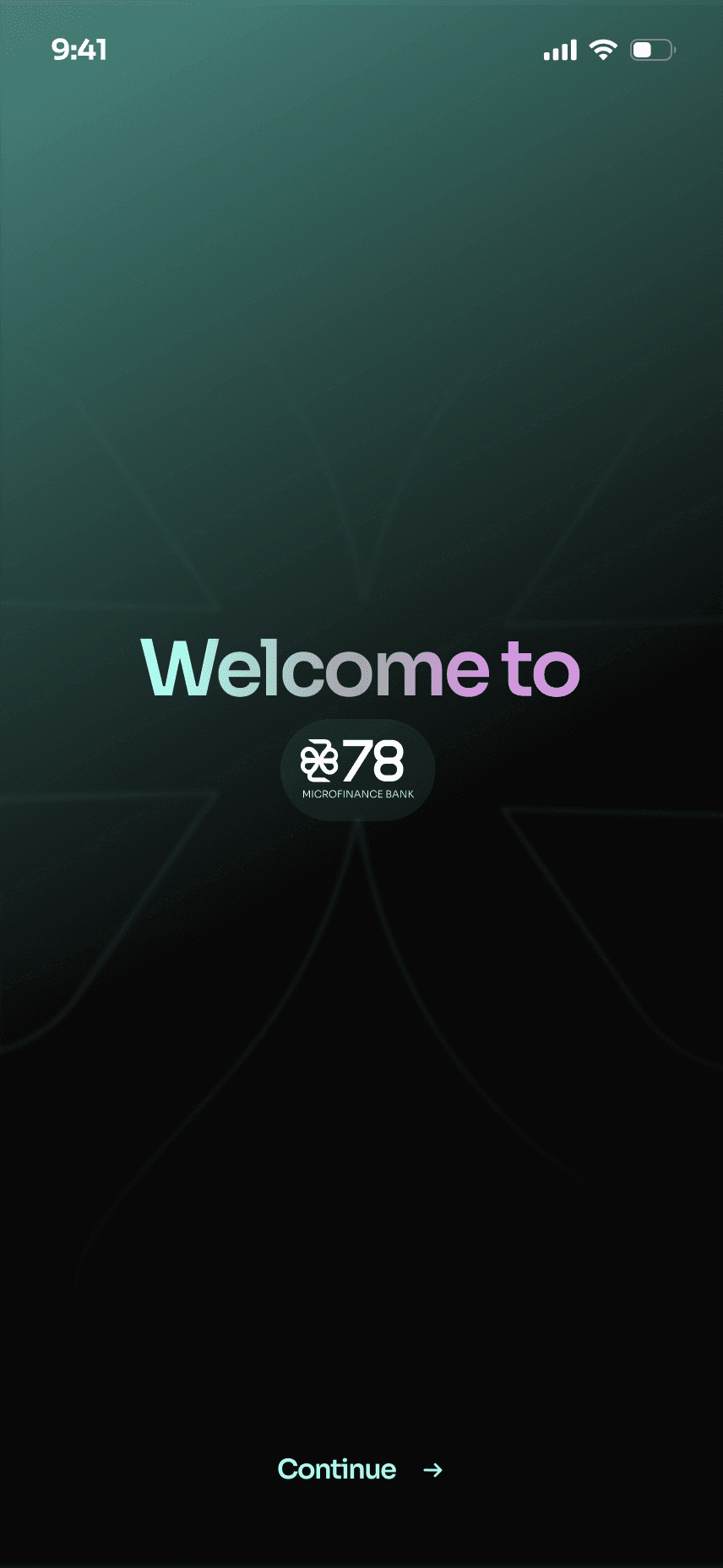 Welcome to 78, in mint on a dark teal gradient, with Continue