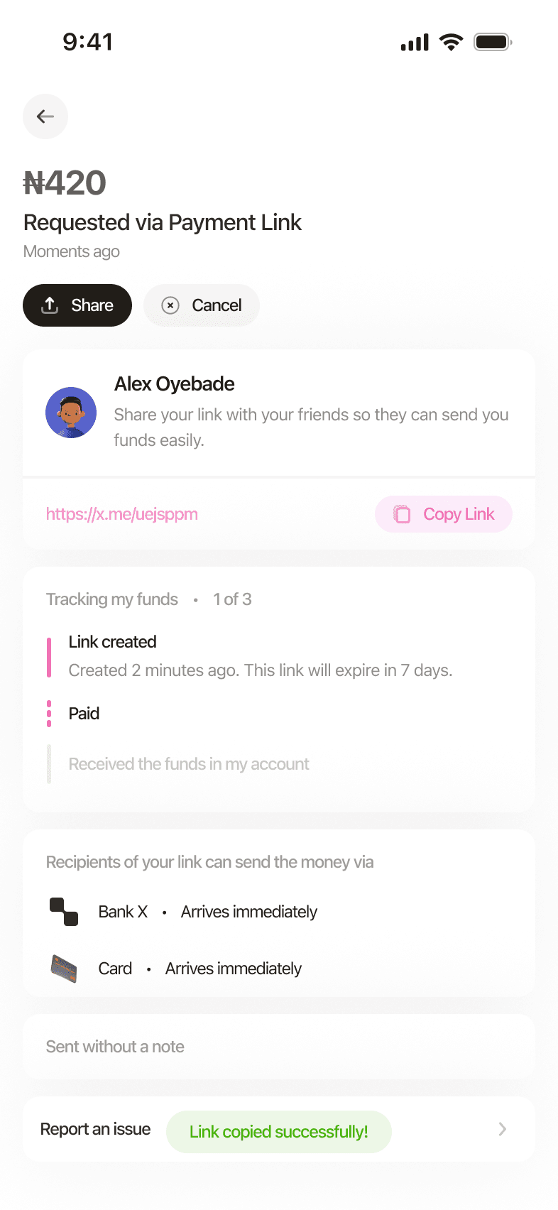 ₦420 requested via payment link: share or cancel, copy link, a tracker (link created, paid, received) and how recipients can pay
