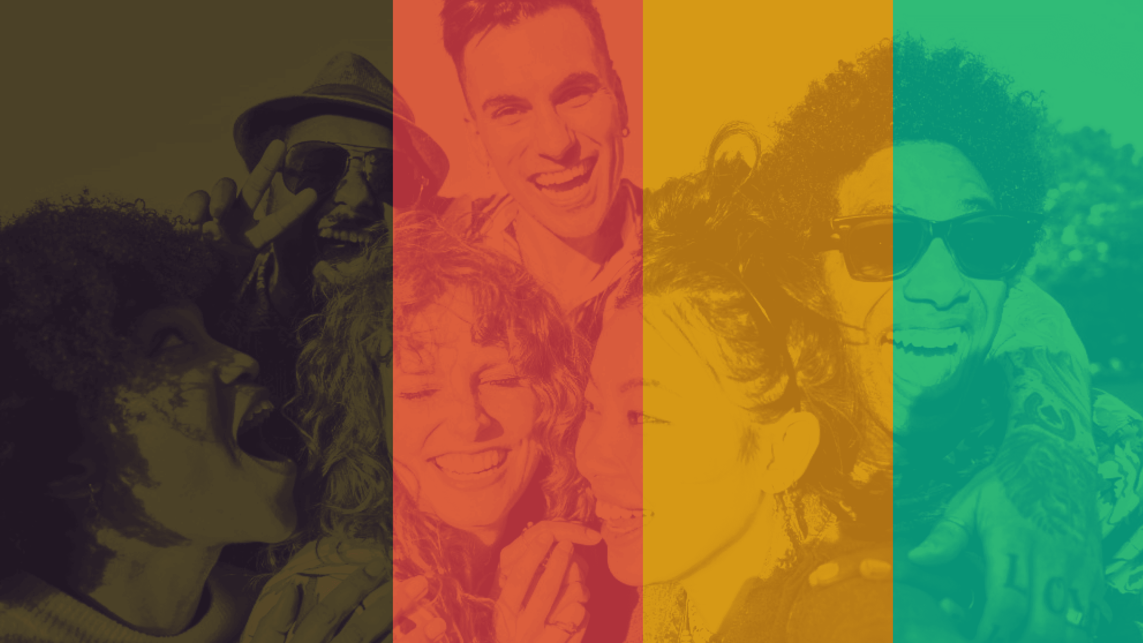 A group of friends laughing, split into four vertical bands tinted olive, coral, yellow and green