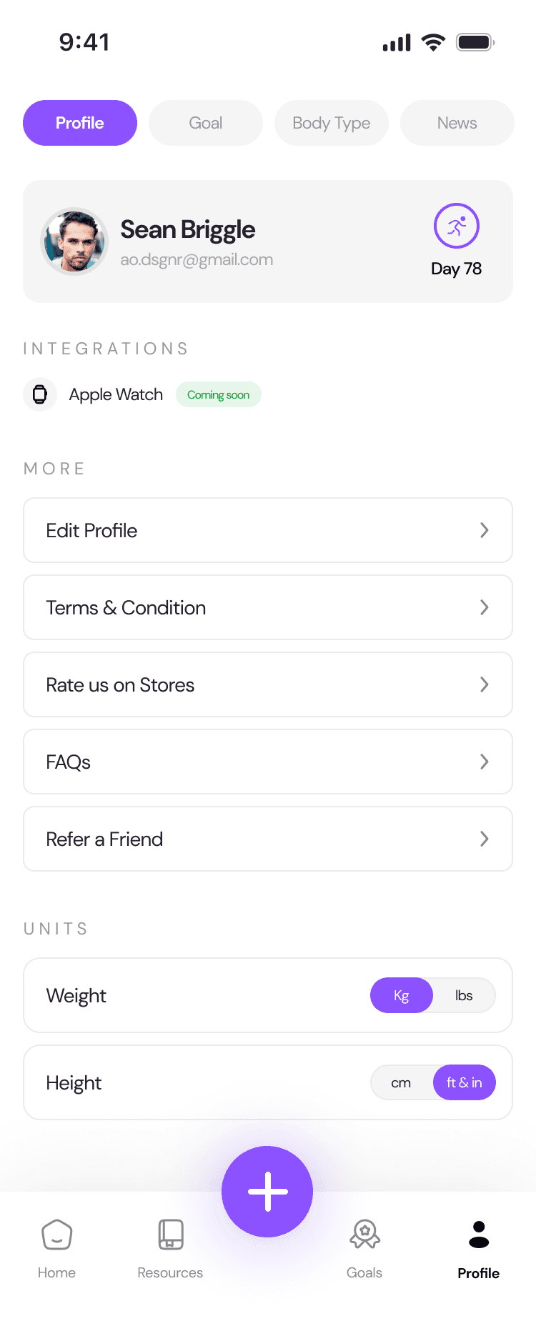 Profile: day 78, Apple Watch integration coming soon, settings, and kg/lbs and cm/ft units