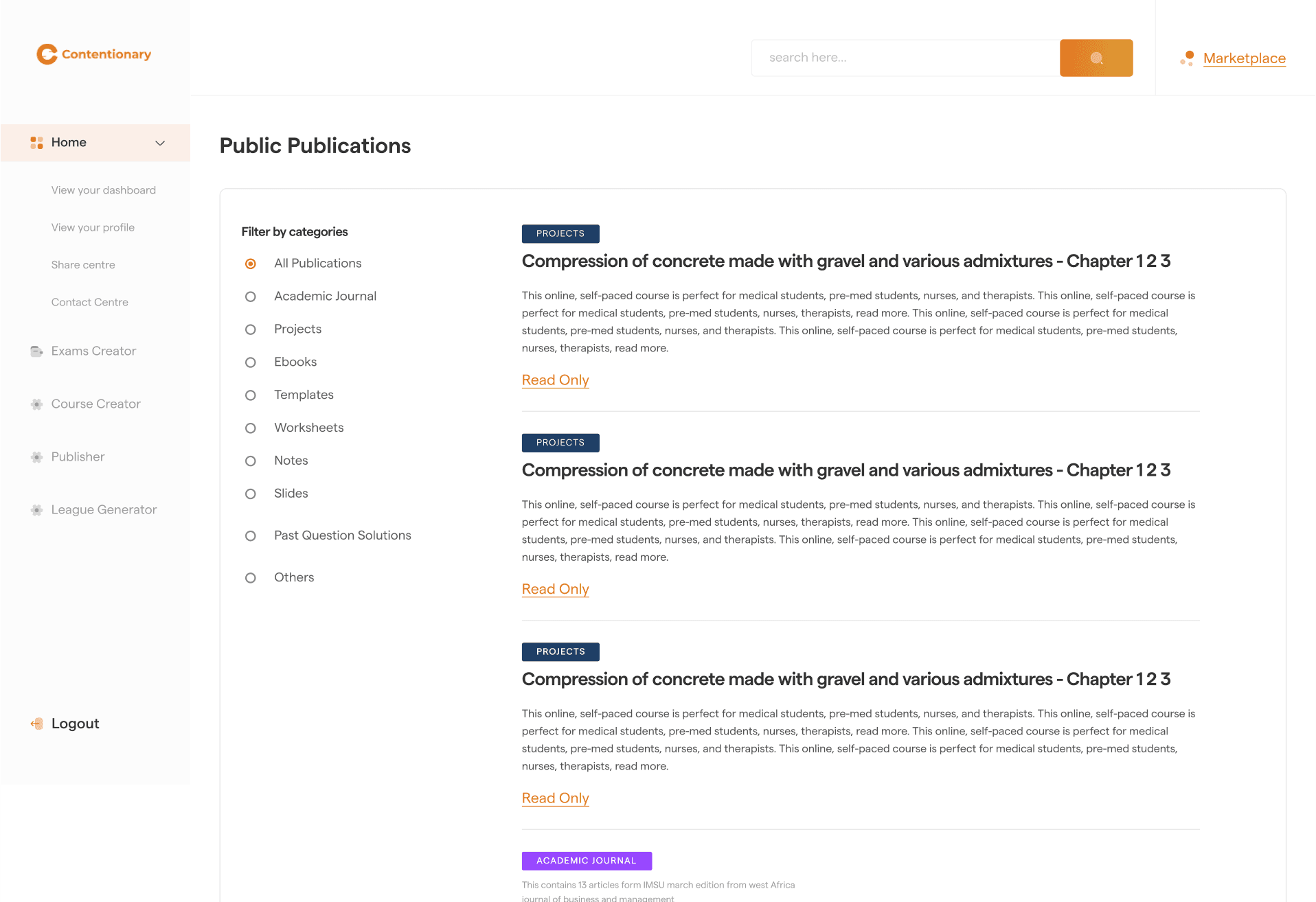 Public publications with category filters