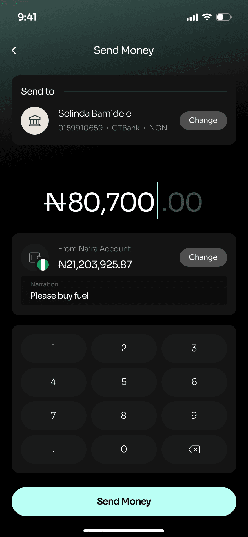 Send Money: ₦80,700 to Selinda Bamidele from a Naira account, with a keypad