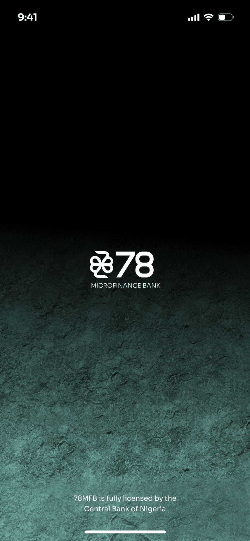 Splash: the 78 Microfinance Bank mark on dark textured teal; licensed by the Central Bank of Nigeria