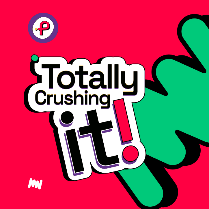 Social tile: “Totally crushing it!” sticker on red with a green squiggle