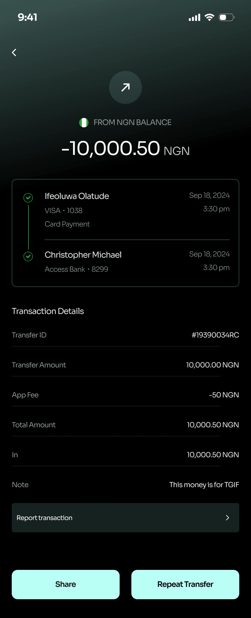 Transaction detail: a −10,000.50 NGN transfer with a timeline and details