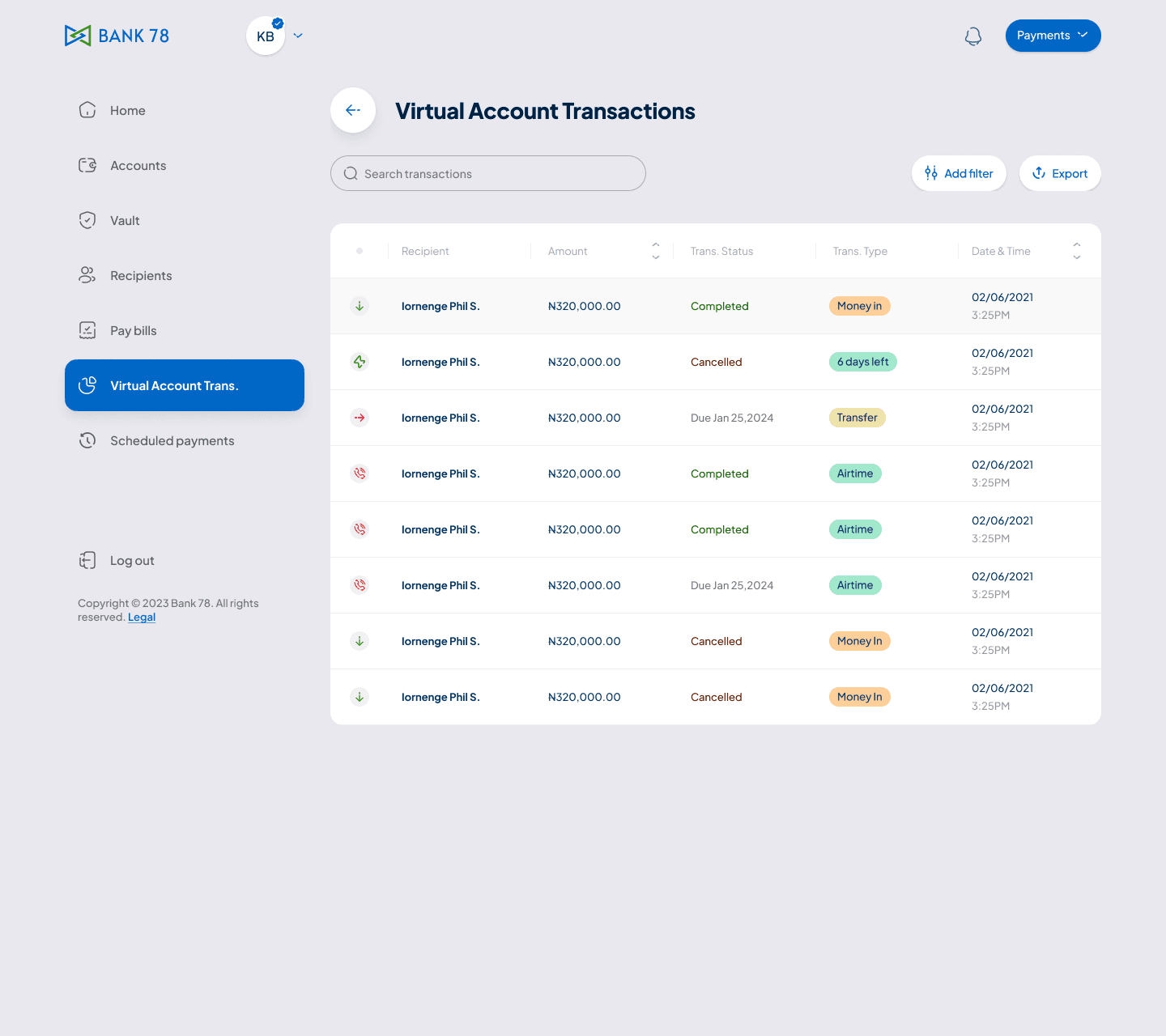 Bank78 v1 virtual account transactions: a dense table of identical rows