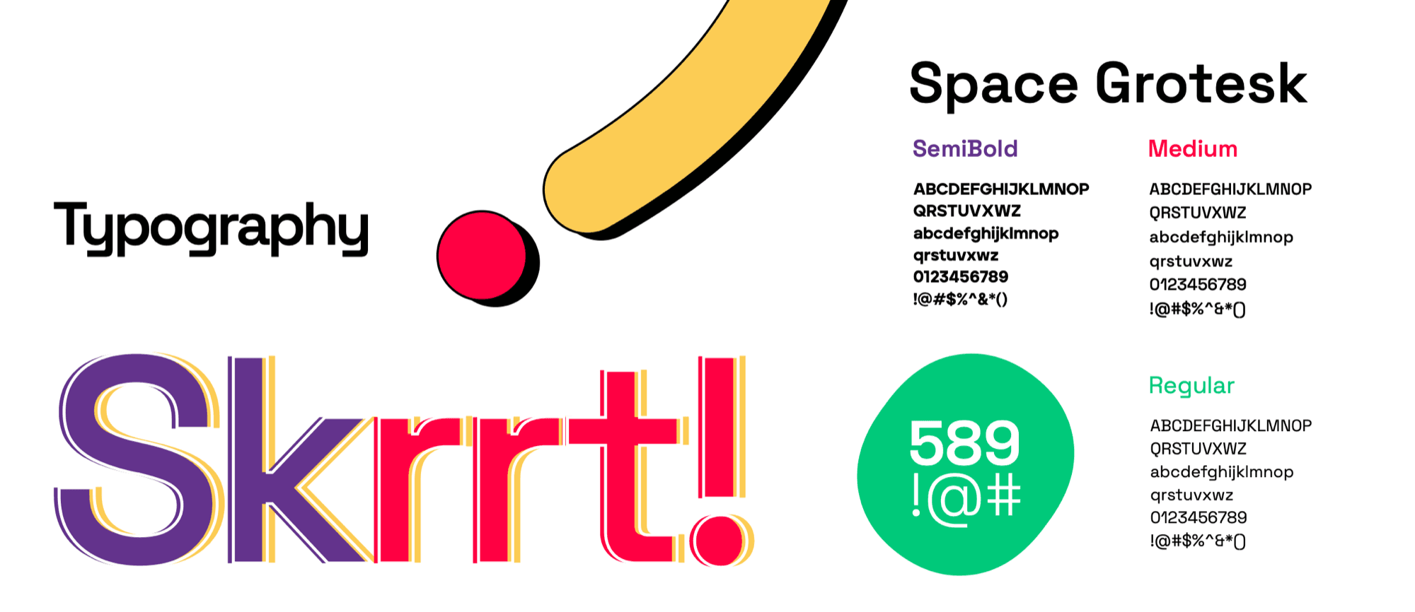 Typography specimen: “Skrrt!” in purple and red outlined letters, with Space Grotesk SemiBold, Medium and Regular