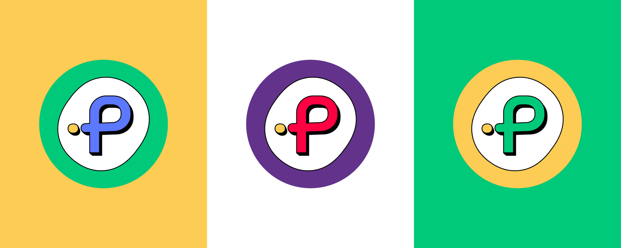 The Pollen mark in three colourways: blue P on a green ring over yellow, red P on a purple ring over white, green P on a yellow ring over green