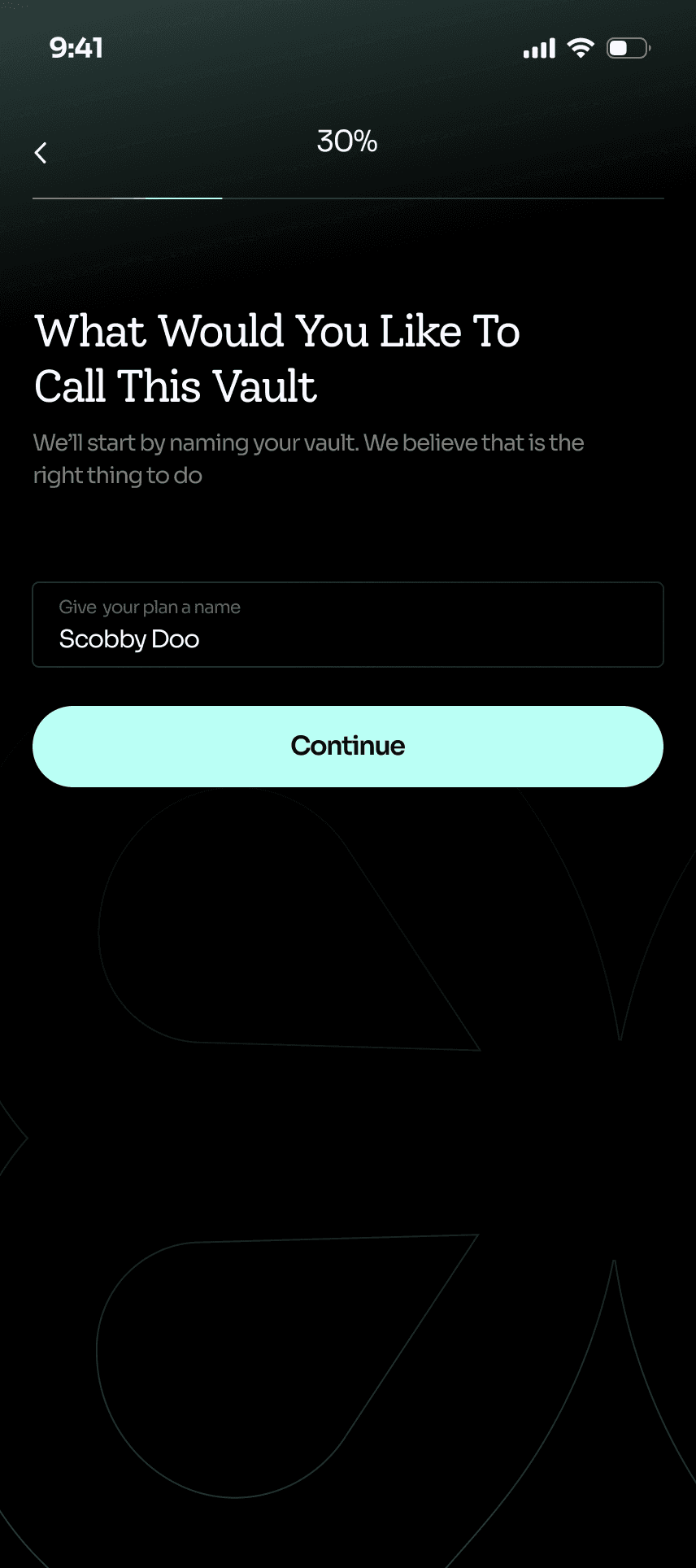 Vault: name your vault, step 30% of set-up