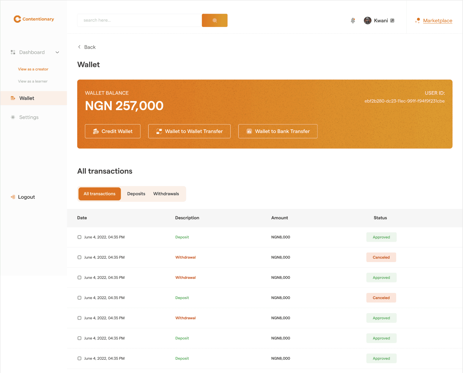 Wallet on desktop: NGN 257,000 balance with Credit Wallet, Wallet to Wallet Transfer and Wallet to Bank Transfer, and a table of transactions with statuses