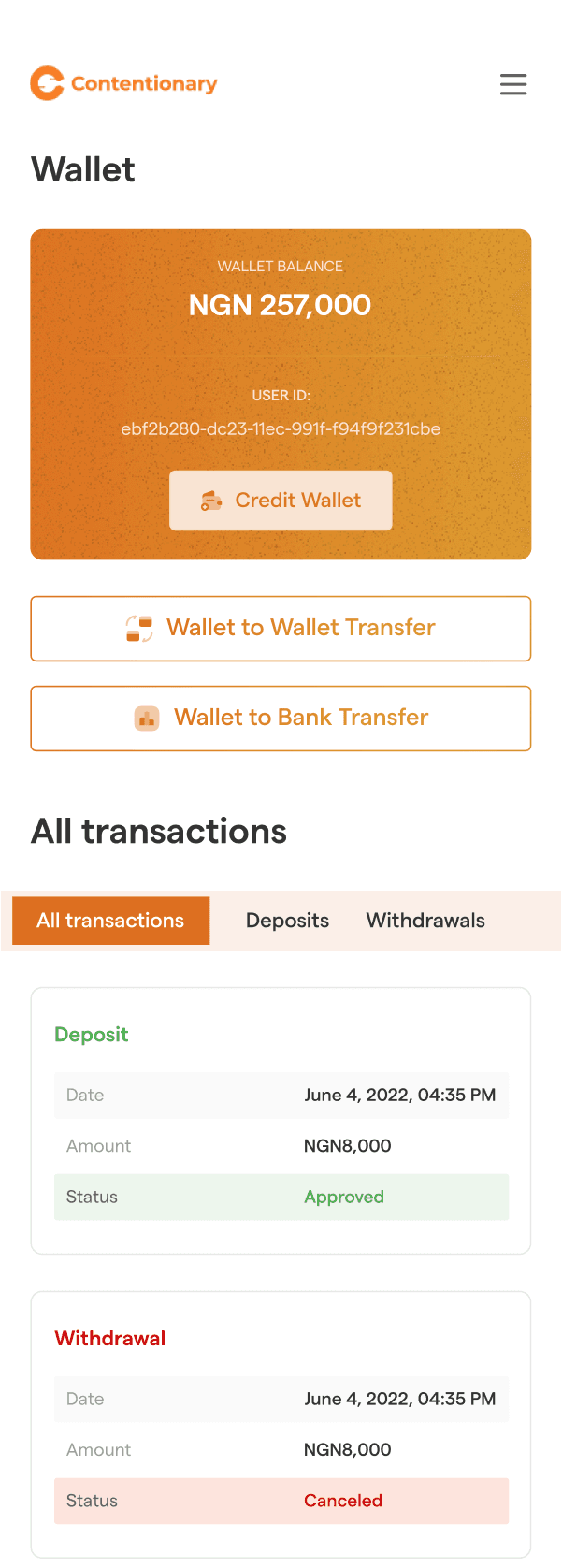 Wallet on mobile: balance card, actions and transactions