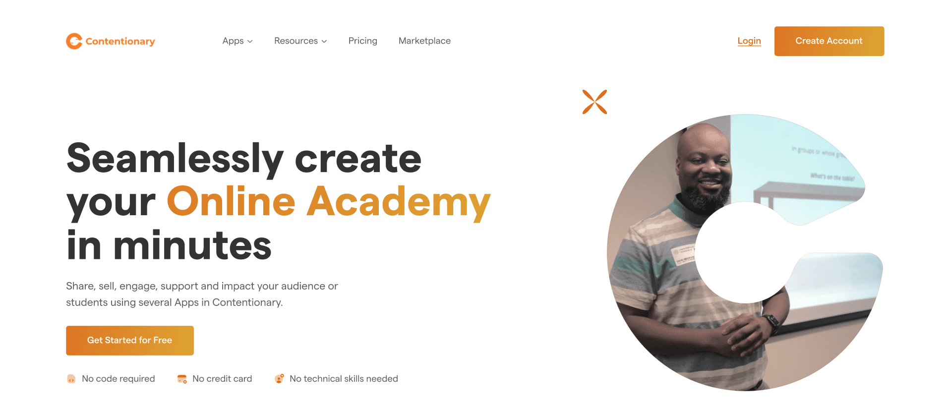 Final website hero: “Seamlessly create your Online Academy in minutes”, with Get Started for Free
